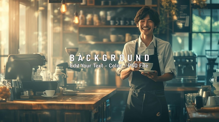 PSD a young barista smiles with a cup of coffee in his hand standin