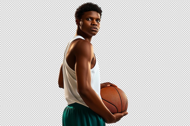 young basketball player holding a ball with focus and intensity