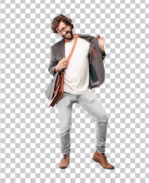 PSD young bearded businessman wearing blazer dancing expression