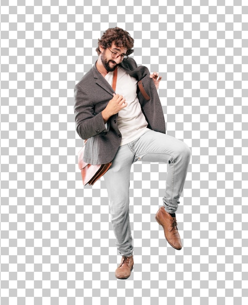 PSD young bearded businessman wearing blazer dancing expression