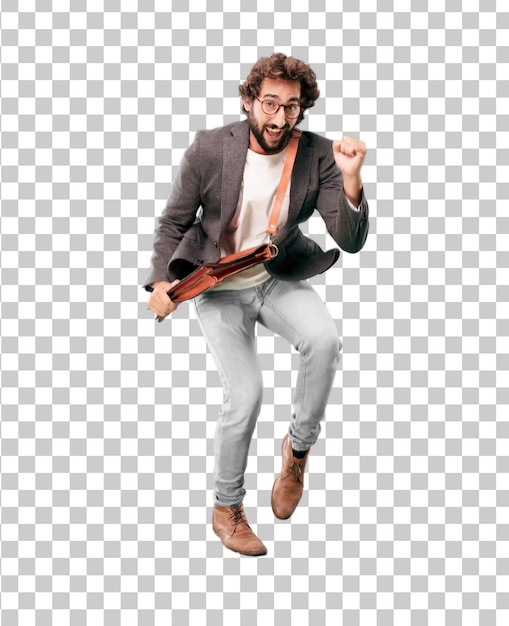 PSD young bearded businessman wearing blazer and jumping. success or victory expression