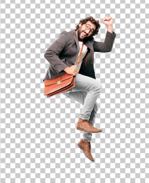 Young bearded businessman wearing blazer and jumping. success or victory expression