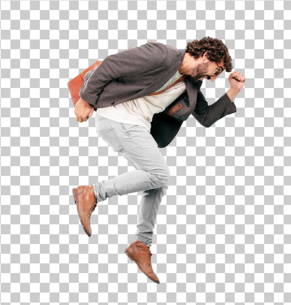 PSD young bearded businessman wearing blazer and jumping. success or victory expression