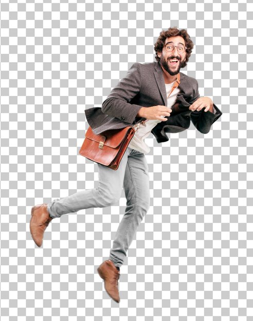 Young bearded businessman wearing blazer and jumping. success or victory expression