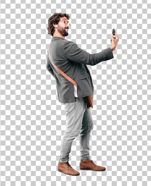 Молодой бородатый бизнесмен носить блейзер с помощью смартфона