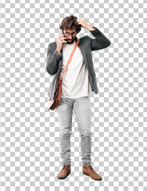 PSD young bearded businessman wearing blazer using a smart phone