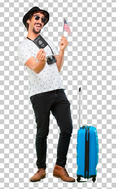 Young bearded cool traveller man with a bag. holidays concept