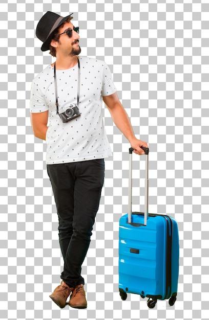 PSD young bearded cool traveller man with a bag. holidays concept