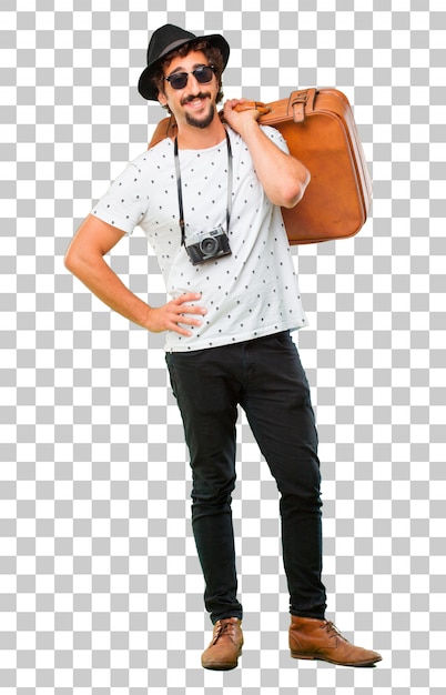 PSD giovane uomo barbuto cool viaggiatore con una borsa. concetto di vacanze