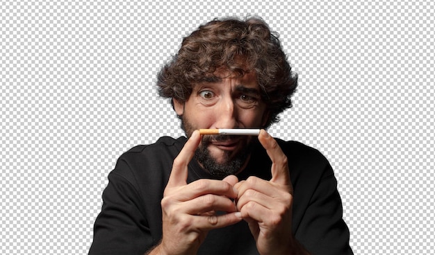 young bearded crazy man with a cigarette