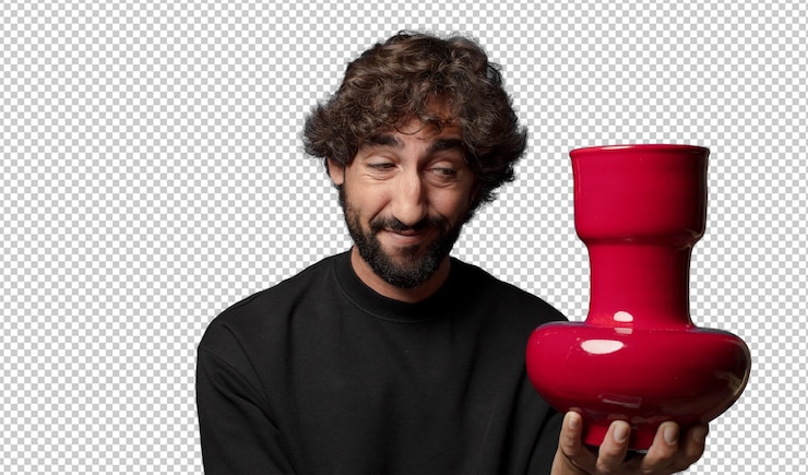 PSD young bearded crazy man with an empty flower pot