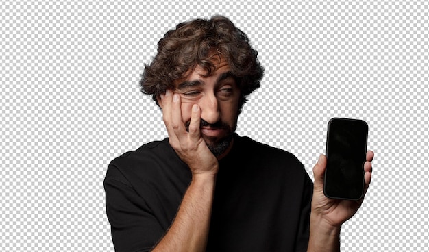 young bearded crazy man with a smartphone