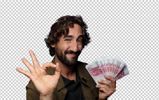 young bearded man with bank notes bills