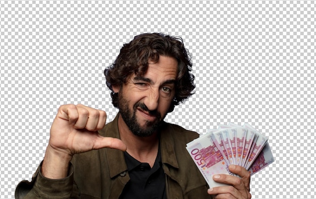 young bearded man with bank notes bills