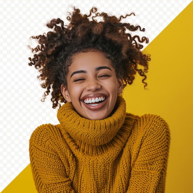 PSD young beautiful african american woman wearing turtleneck sweater over yellow isolated background smiling and laughing hard out loud because funny crazy joke with hands on body