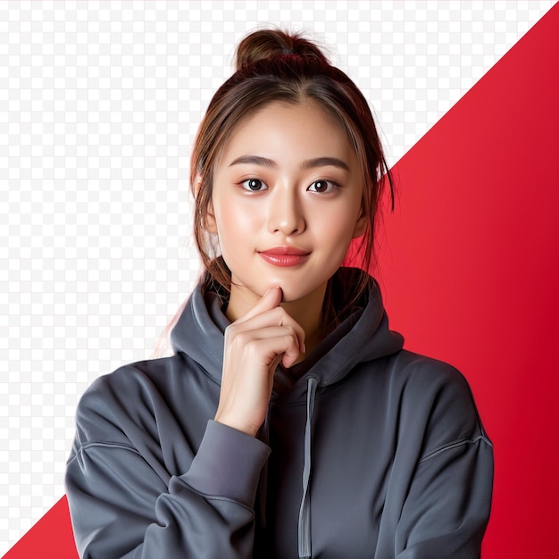 Young beautiful asian sporty woman wearing sportswear doing sport over red isolated background with hand on chin thinking about question pensive expression smiling with thoughtful face doubt co