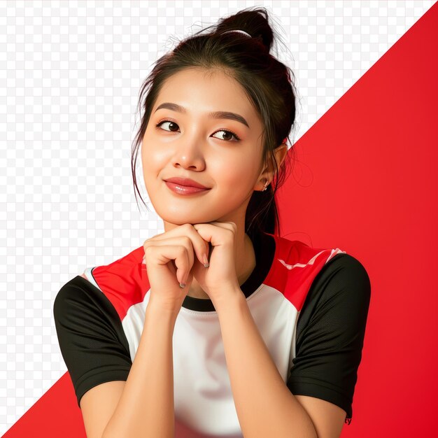 PSD giovane bella donna sportiva asiatica che indossa abbigliamento sportivo che fa sport su uno sfondo rosso isolato con la mano sul mento che pensa a una domanda espressione pensierosa sorridente con faccia pensierosa dubbio co