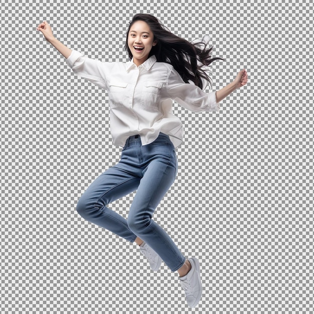 PSD young beautiful asian woman with smart casual cloth jumping and smiling white background