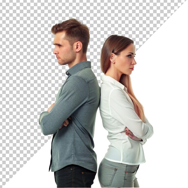 PSD young beautiful couple man and woman quarreling standing on a transparent background