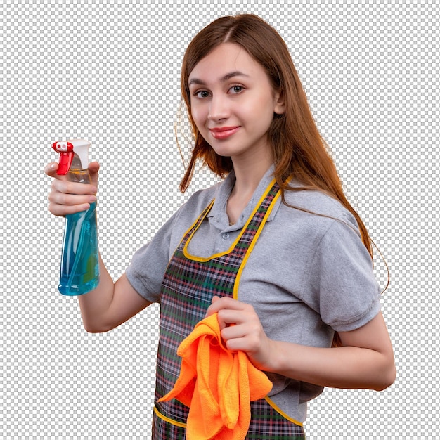 掃除用スプレーとカーペットを持った前を着た美しい若い女の子が掃除の準備をしてカメラに笑顔を見ています