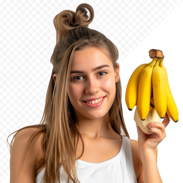 Young beautiful and happy girl with long hair holds bananas on her right hand and a bun on her left hand isolated over white isolated background