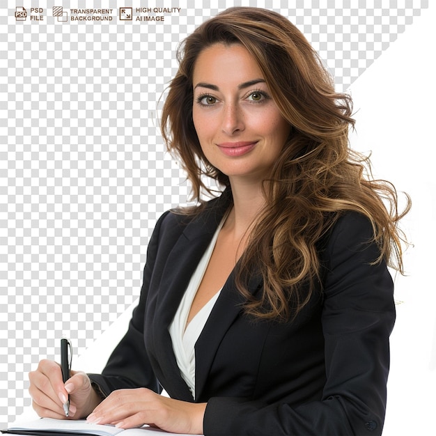 PSD young beautiful lady writing on book on the png background