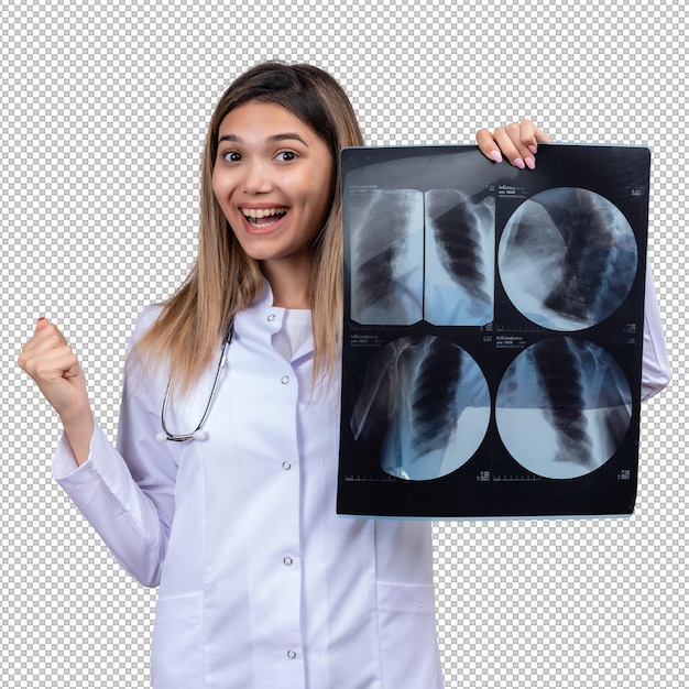 Young beautiful woman doctor wearing white coat with stethoscope holding xray clenching fist happy and exited winner concept