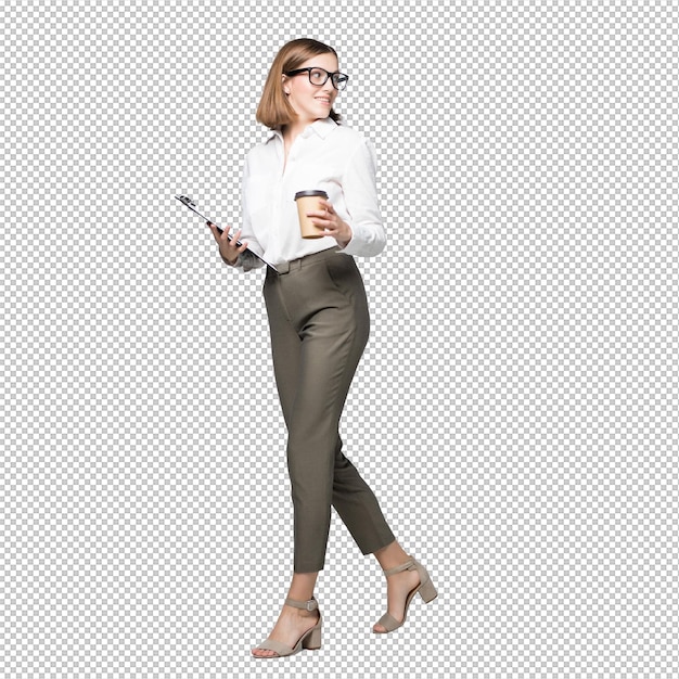 young beautiful woman drinking coffee holding clipboard posing isolated over white wall wall