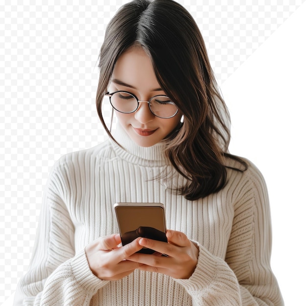 PSD young beautiful woman holding in hands cell reading browsing news