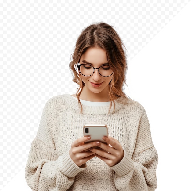 Young beautiful woman holding in hands cell reading browsing news