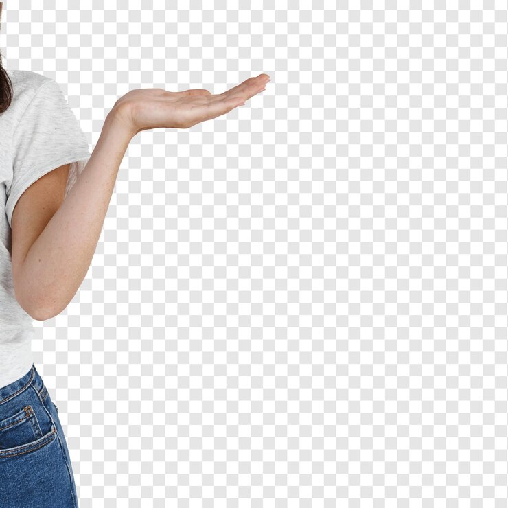 PSD young beautiful woman holding object on palm extend hand on white wall and looking at product isola