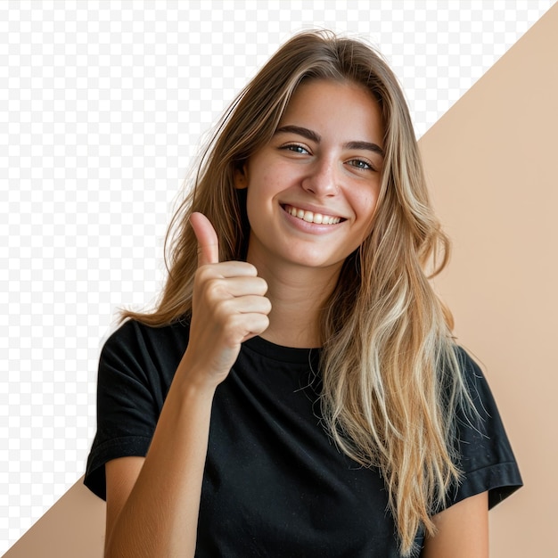 PSD young beautiful woman over isolated isolated background doing happy thumbs up gesture with hand approving expression looking at the camera with showing success