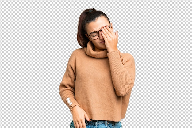 Young beauty woman over isolated chroma key background with headache