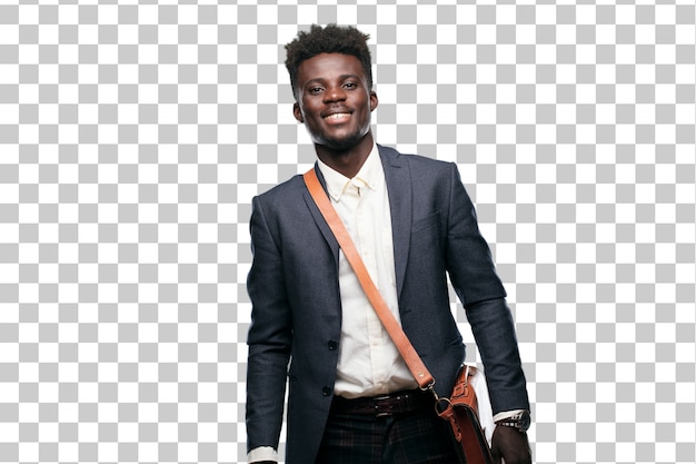 PSD young black businessman laughing out loud with head tilted backwards and happy, cheerful expression