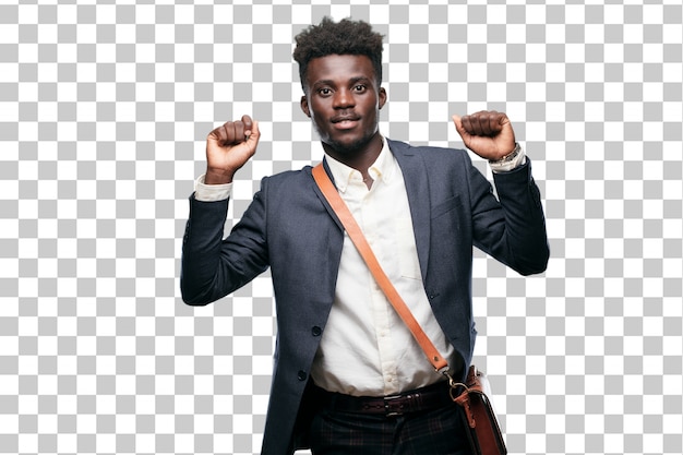 PSD young black businessman smiling and dancing to fun