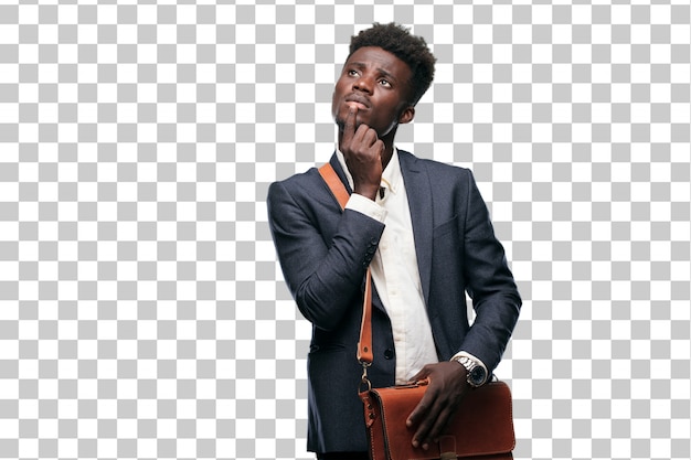 PSD young black businessman with a confused and thoughtful look