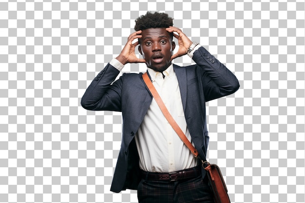 PSD young black businessman with a crazy, amazed look of surprise