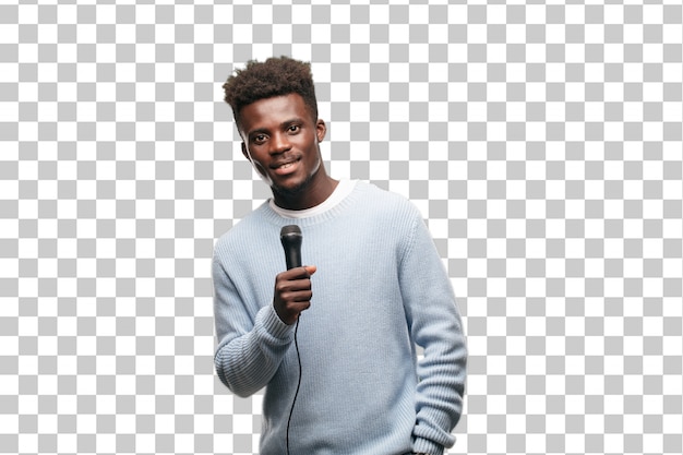 Young black man singing with a microphone