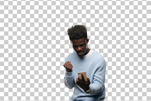 PSD young black man using a smart mobile telephone