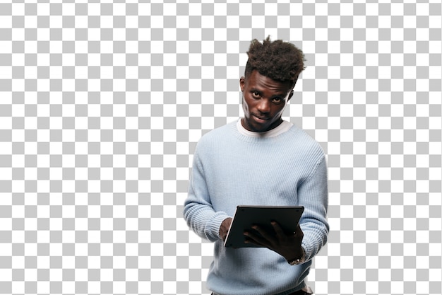 PSD young black man using a smart tablet