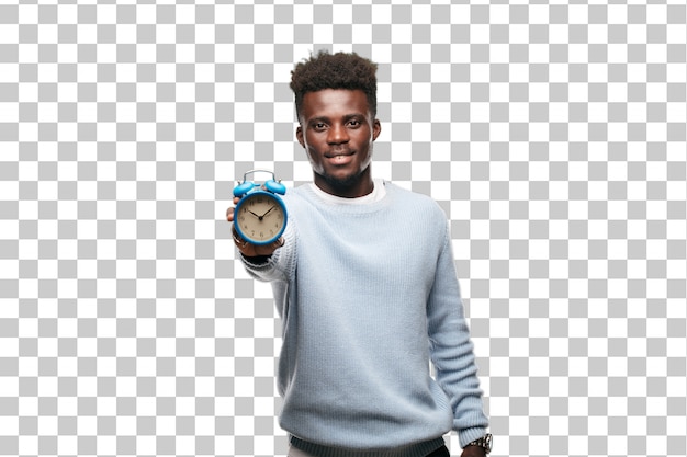 Young black  man with an alarm clock