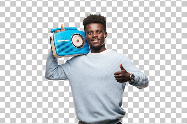 Young black man with a vintage blue radio