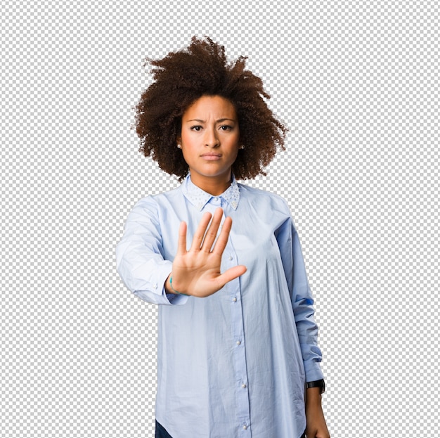 PSD young black woman doing stop gesture