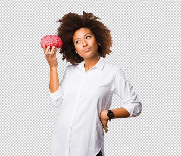 Young black woman holding a brain shape