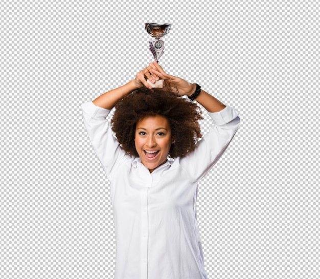 Young black woman holding a trophy