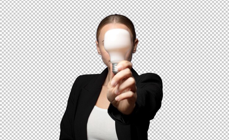 PSD young blonde businesswoman with a light bulb