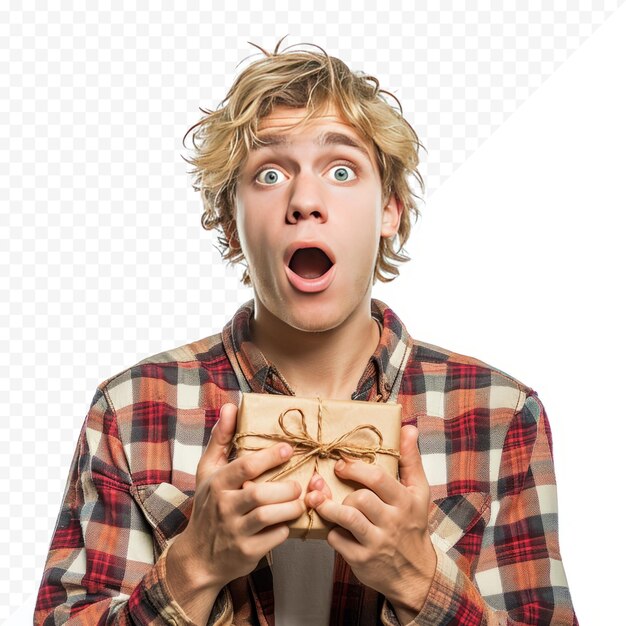 PSD young blonde man with a gift surprised expression