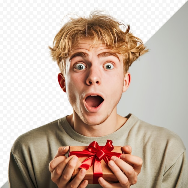 PSD young blonde man with a gift surprised expression