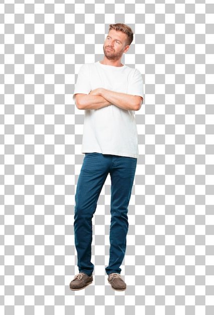 young blonde man with a proud, happy and confident expression