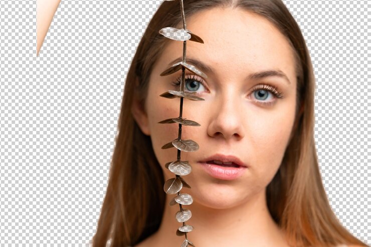 PSD ユーカリの枝を握る若い金の女性孤立したクロマキー背景でクローズアップ肖像画